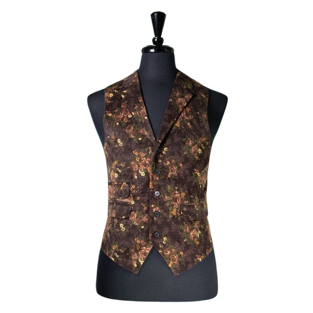 Mens Floral Vest 40R Brown Corduroy Cotton Waistcoat Boho Wedding Prom Formal